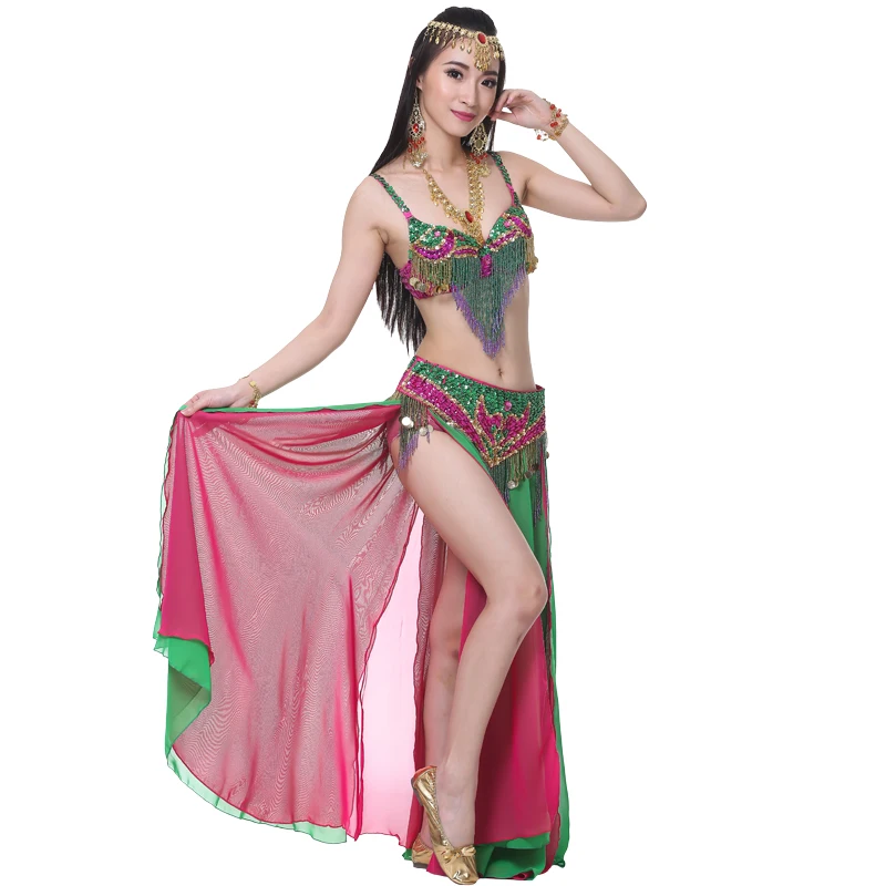 Newest Belly Dance Skirt Indian 3 pieces (bra+waist chain+skirt) Dress For Belly Dance Green/Orange Clothes Sexy Belly Dance Set