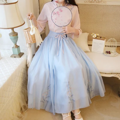 Летнее женское винтажное платье Hanfu с цветочной вышивкой, китайский традиционный ханьфу, карнавальный костюм, народное древнее платье, Династия Тан - Цвет: Розовый