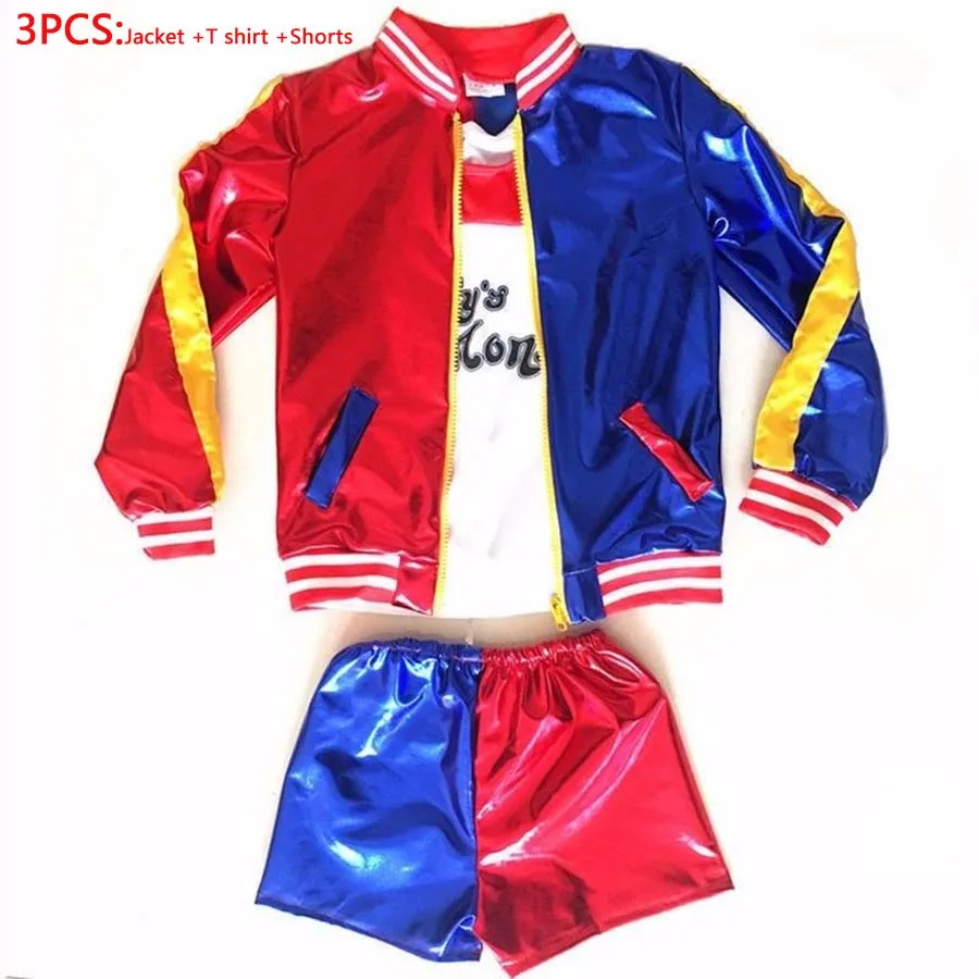 3pcs Harley Quinn Детская рваная футболка Харли Квинн, 5 шт., короткие штаны, куртка, костюм отряда самоубийц, костюм на Хэллоуин, комплект с париком, пальто, костюм - Цвет: 3pcs Harley Quinn