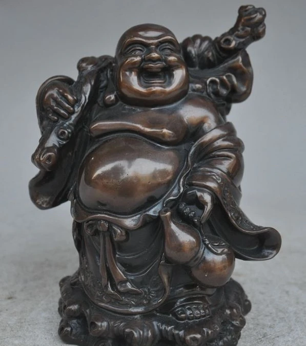 

7"china bronze happy laugh Maitreya Buddha Gourd Calabash money bag lucky statue