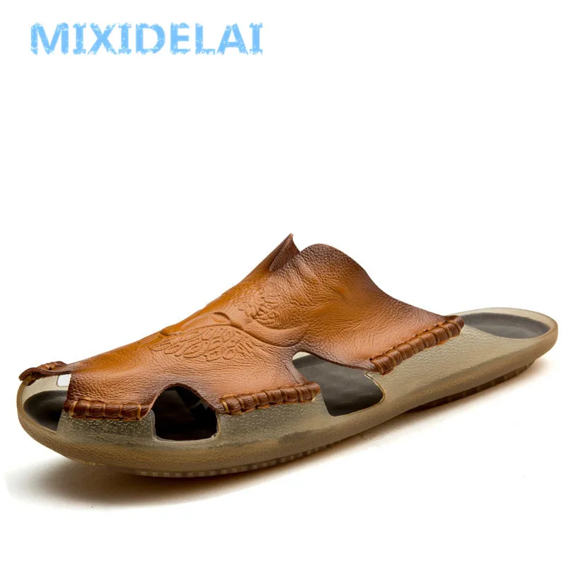 MIXIDELAI/Новинка; качественные кожаные Нескользящие тапочки; мужские пляжные сандалии; удобная летняя обувь; мужские шлепанцы; классические мужские вьетнамки