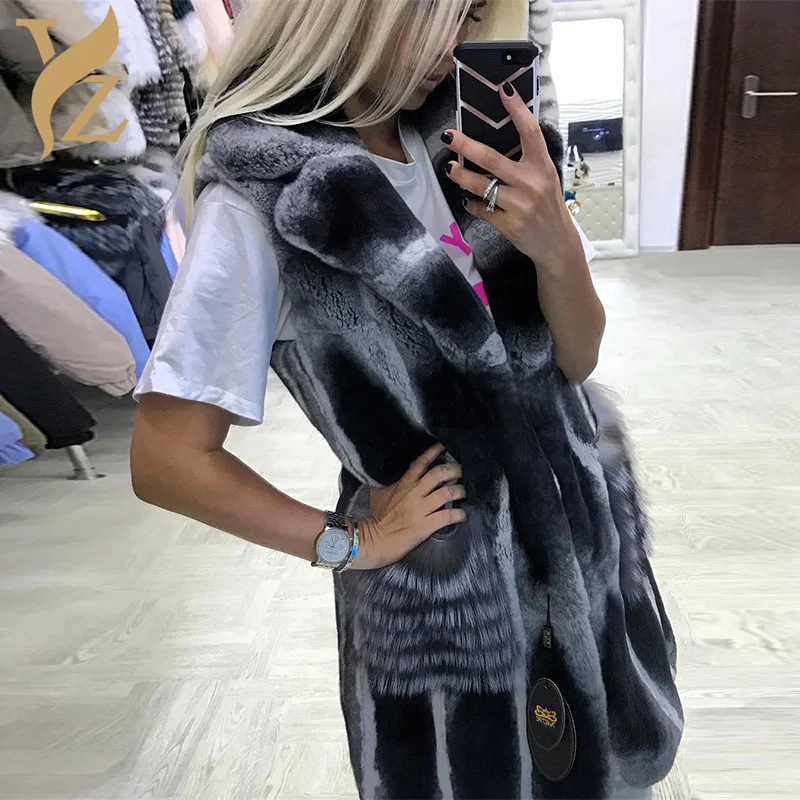 

Nature Rabbit Fur Coats For Women Outer Garment Real Fur Coat Furry Vest Gilet With Luxurious Silver Fox Fur Pocket Winter Tops