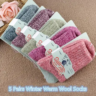 5 Pairs Vintage Women Wool Cashmere Thick Winter Warm Soft Solid Casual Sock Over Ankle High Socks Set