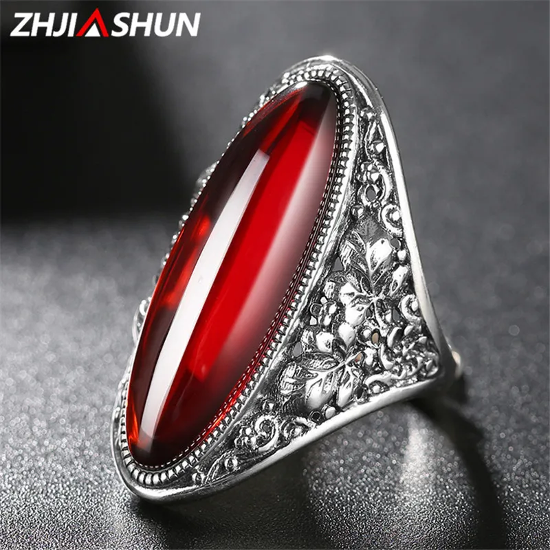 

ZHJIASHUN Vintage Thai Silver Big Stone Rings for Women 925 Sterling Silver Ring Wedding Engagement Jewelry