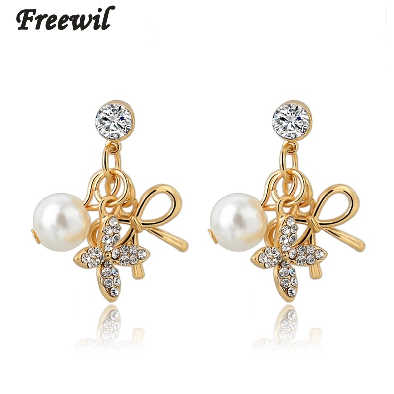 

Austrian Crystal Bowknot Statement Earrings Gold Simulated Pearl Stud Earrings For Women Bridal Wedding Jewelry ER150050