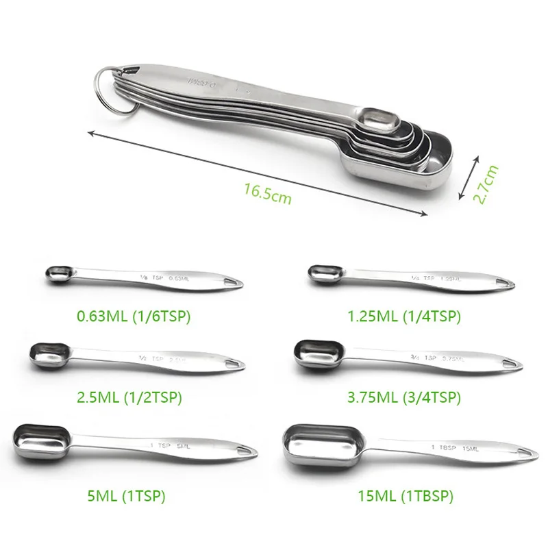 Set of 6 Stainless Steel Measuring Spoons Narrow Mouth Sugar Spice Measuring Scoop Cooking Baking Measuring Tools Kitchen Gadget (5)