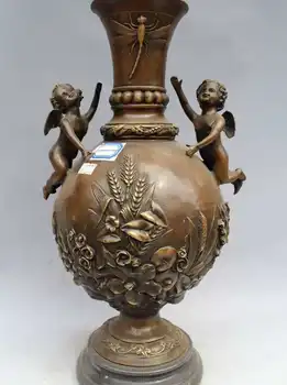 

16"Western Art sculpture Pure Bronze Marble Angell Girl Flower Vase Statue