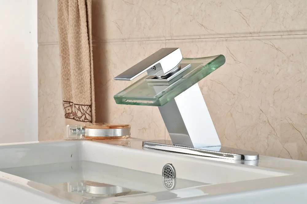 

Deck Mounted LED Waterfall Chrome Bathroom Faucet Sink Mixer Tap W/8" Plate for 3 Holes Tap