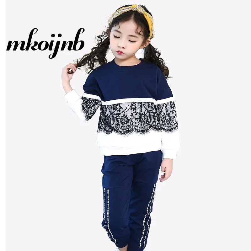 

Girls Spring Clothing Set For 2018 Lace Sports Suits Long Sleeve Pink T Shirt + Pant 2pcs Teens Tracksuit Clothes 4 6 8 10 12 Y