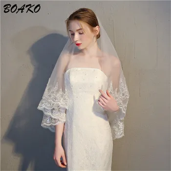 

BOAKO Ivory White Wedding Veil 2019 Cheap Wedding Accessories Sequined Lace Appliques Short Two Layer Bridal Veil Veu De Noiva