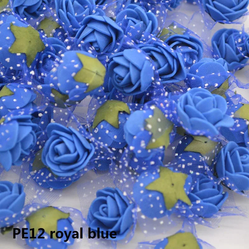 50 шт. 2 см мини ПЭ пена Роза из искусственного шелка цветочные головки с листьями ручной работы Букет DIY ВЕНОК поставки Свадебная вечеринка Декор - Цвет: PE12 royal blue