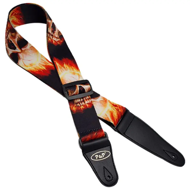 P&P Guitar Strap PU Leather Ends For Acoustic Folk Bass Black skull