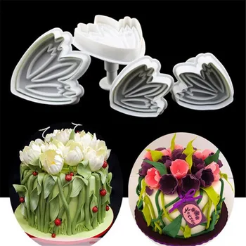 

Free Shipping 4pcs/set Tulip Flower Petal Sugarcraft Fondant Cake Mold Plunger Cutter Cookie Decor DIY Mould A1028