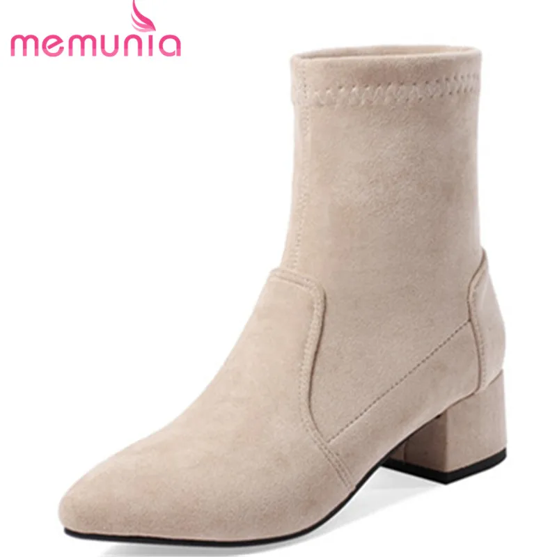 

MEMUNIA 2018 new fashion shoes woman pointed toe autumn winter boots slip on square heels boots ladies Stretch socks ankle boots