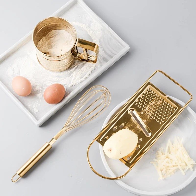 

Originality Kitchen Baking Tool Suit Golden Stainless Steel Whisk Screening Cup Of Scraper Egg Powder Mixer Stirring Rotary 1pc