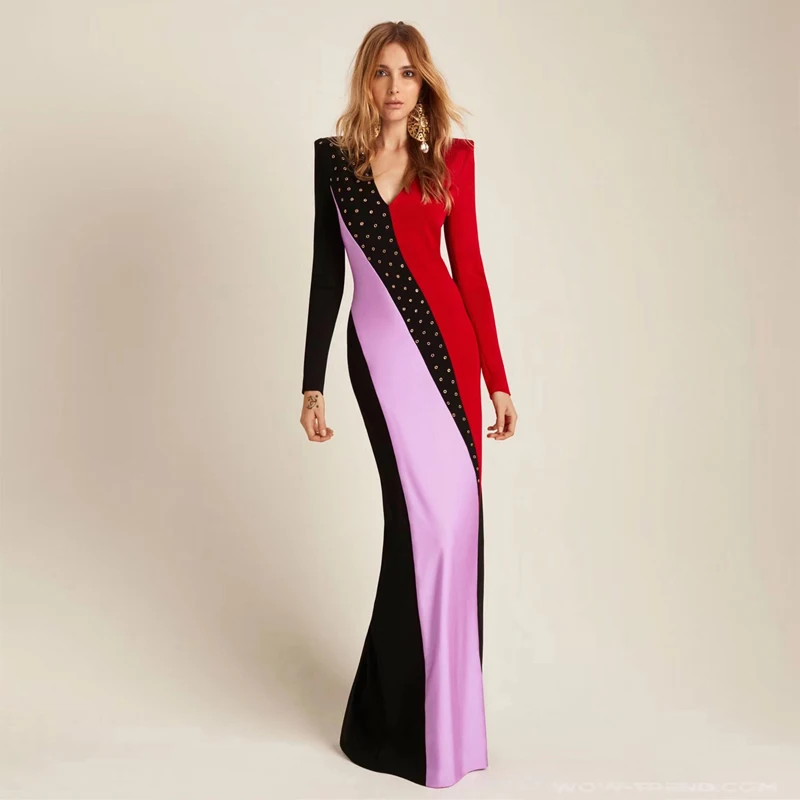 

Elegant Multicolor Maxi Celebrity Party Vestidos High Quality Fashion Black Pink With Red Patchwork Long Sleeve Bandage Dress