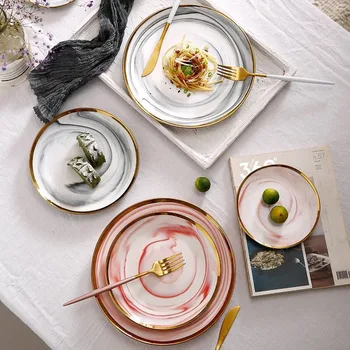 

2Pcs 8 inch European Real Gold Stripe Spot Pottery Dish Rice Fish Dish Steak Western Dinner Plate Marble Ceramic Dinner plate