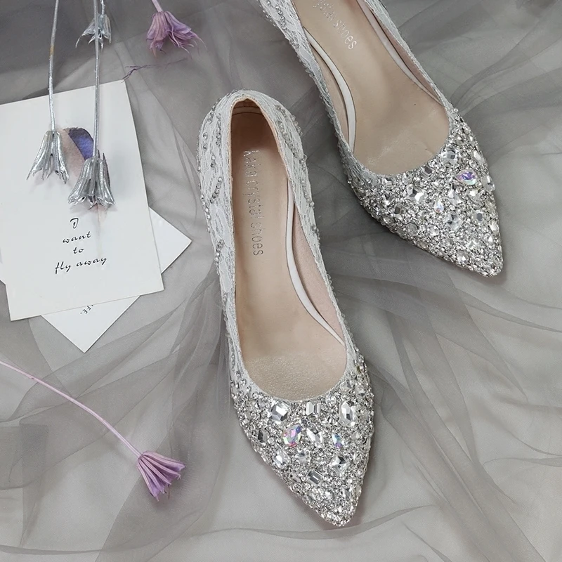Wedding Shoes Female New Crystal Shoes Princess Diamond Silver