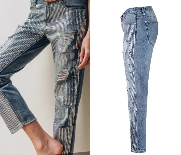 Европейские Женские блестками рваные свободные прямые длиной до щиколотки джинсовые брюки одежда леди повседневные джинсы брюки