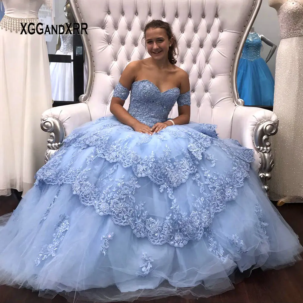 

Blue Ball Gown Quinceanera Dresses 2019 Detachable Sleeves Sweet 16 Dresses Tiered Skirt Beading Lace Edged Vestidos de 15 Puffy