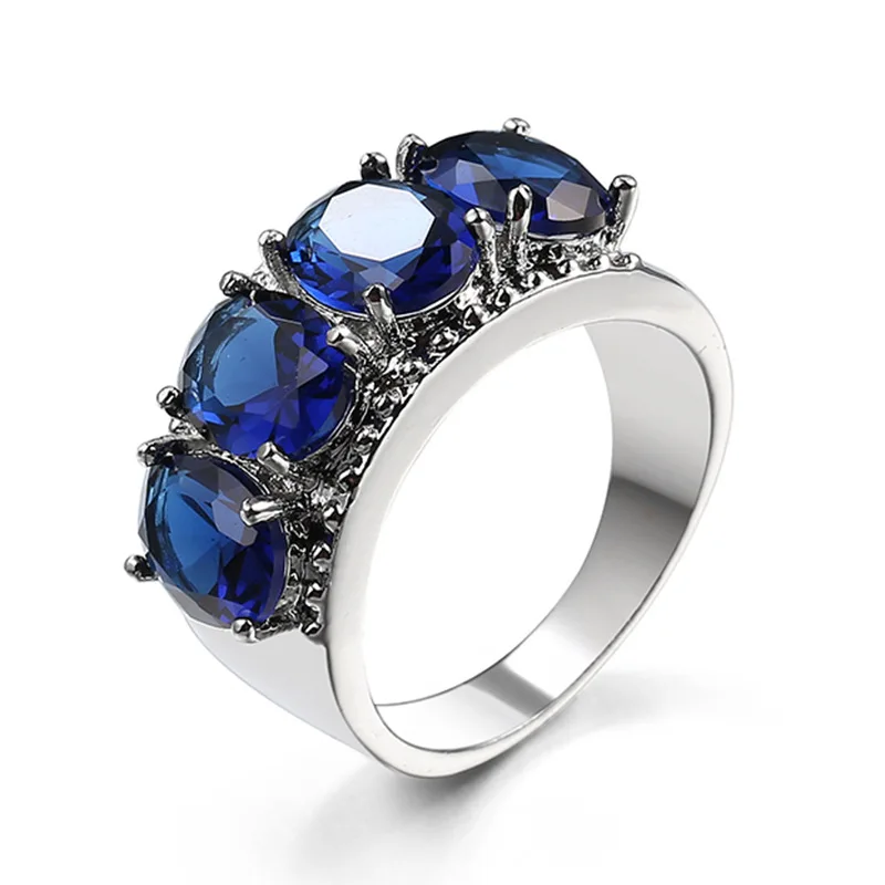 

luxury Silver Ring Oval Round Stone Finger Ring Blue Full Crystal Vintage Jewelry Gift for Women Engagement Bague Bijoux