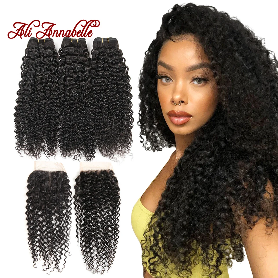 

ALI ANNABELLE HAIR Brazilian Kinky Curly Human Hair Bundles With Closure Brazilian Remy Hair 4 Pieces Pack Free Part Closure