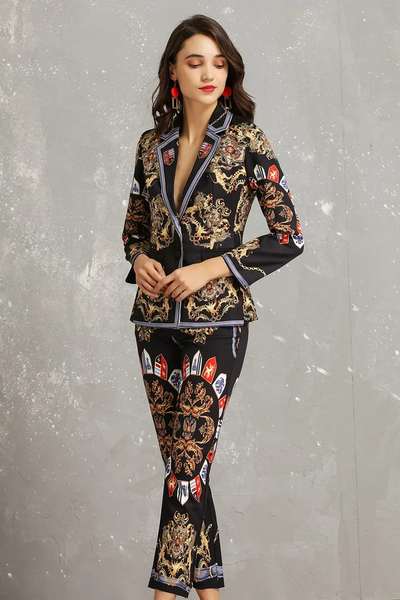 Модный дизайнерский комплект moaayina, весна-осень, женский элегантный костюм с длинным рукавом в винтажном стиле с принтом, топы+ 3/4 брюки-карандаш, костюм из двух предметов