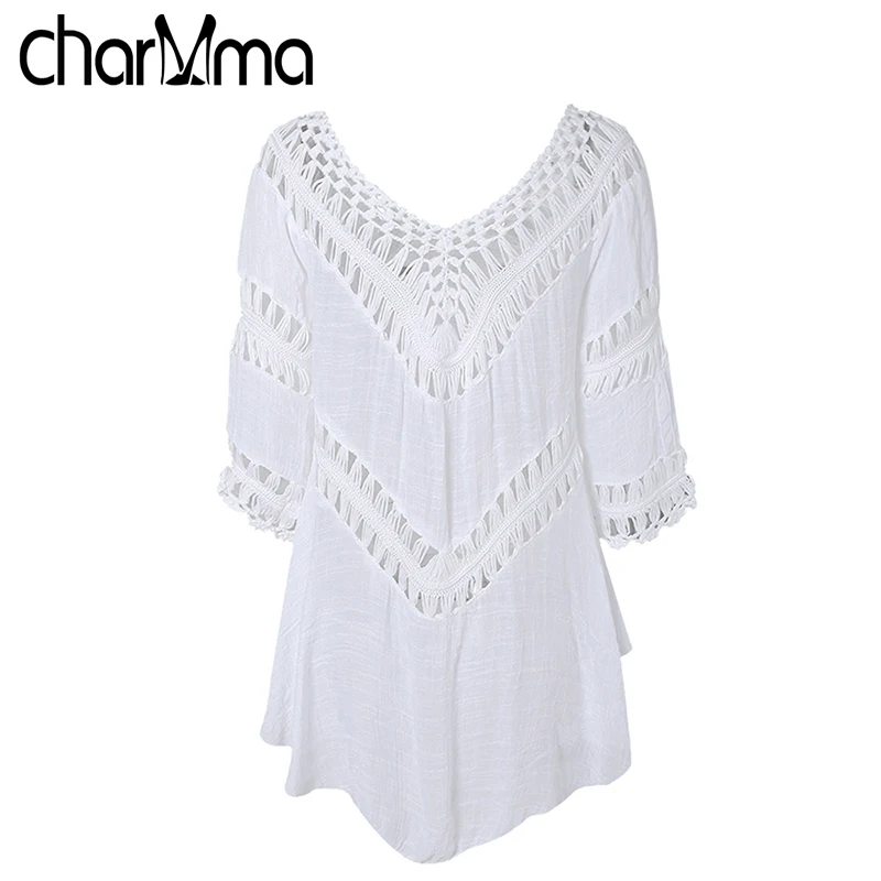 

Summer Bohemian Loose Long Blouse Oversized Blusas Knitting Cotton Cover Up Smock Solid See-Through Crochet Tunic Tops