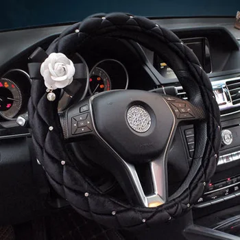 

Camellia car steering wheel covers winter short plush warm Auto Steering-Wheel Cases Crystal Rhinestone interior accessories