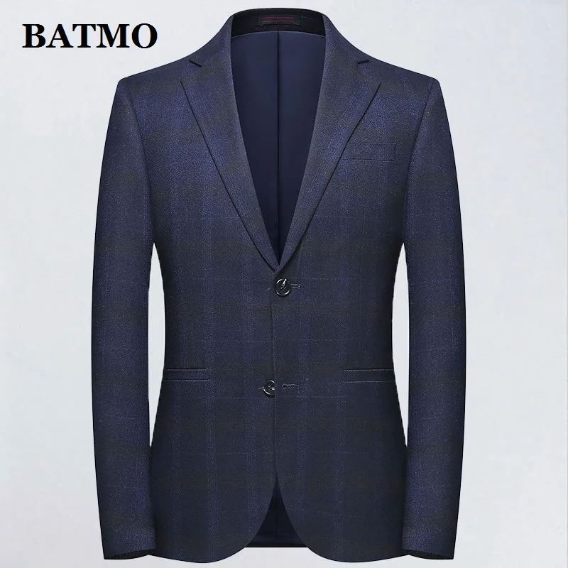 

BATMO 2019 new arrival autumn high quality plaid casual blazer men,men's navy blue suits jackets ,1917