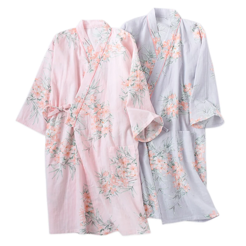 

New Sexy flower Fresh kimono robes women bathrobes 100% Gauze cotton Japanese casual summer women nightgowns robes