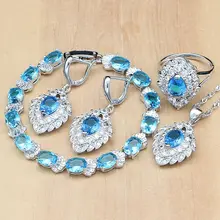 925 серебряные Свадебные Ювелирные наборы небесно-голубые кубические украшения из циркония для женщин Свадебные серьги/кулон/ожерелье/Кольцо/браслет