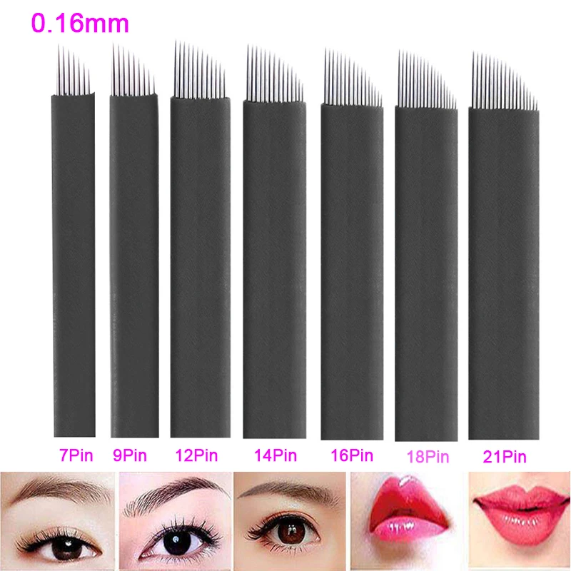 

200pcs 0.16mm 12/14pin 12u 14u Black Lamina Microblading Needles Eyebrow For Tattoo Needle For Permanent make up Embroidery Pen