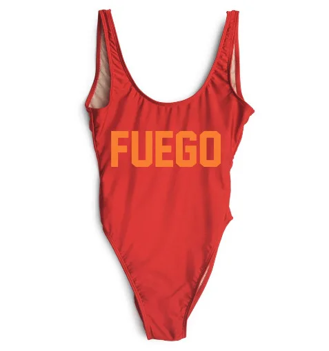 

FUEGO Swimsuit Bodysuit 2017 Funny One Piece Swimwear Women Red Monokini Rompers Womens Jumpsuit Costume Sexy Letter Swimsuit