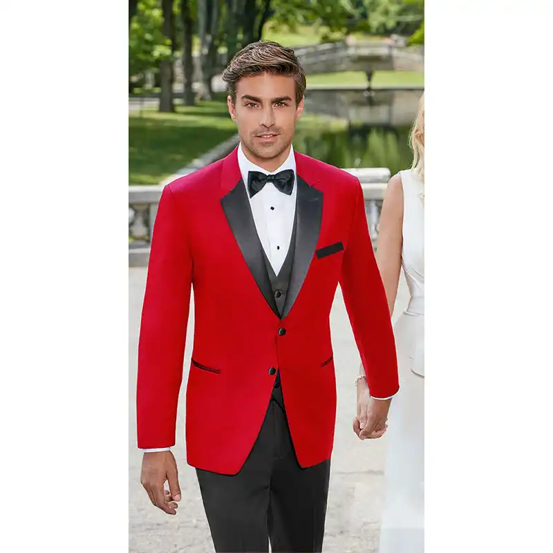 Esmoquin Rojo Para Hombre Con Solapa De Muesca De Saten Negro Trajes De Corte Entallado Para Novio Padrinos De Esmoquin Para Boda Para Hombre Chaqueta Pantalones Corbata Traje De Corte Slim Rojo