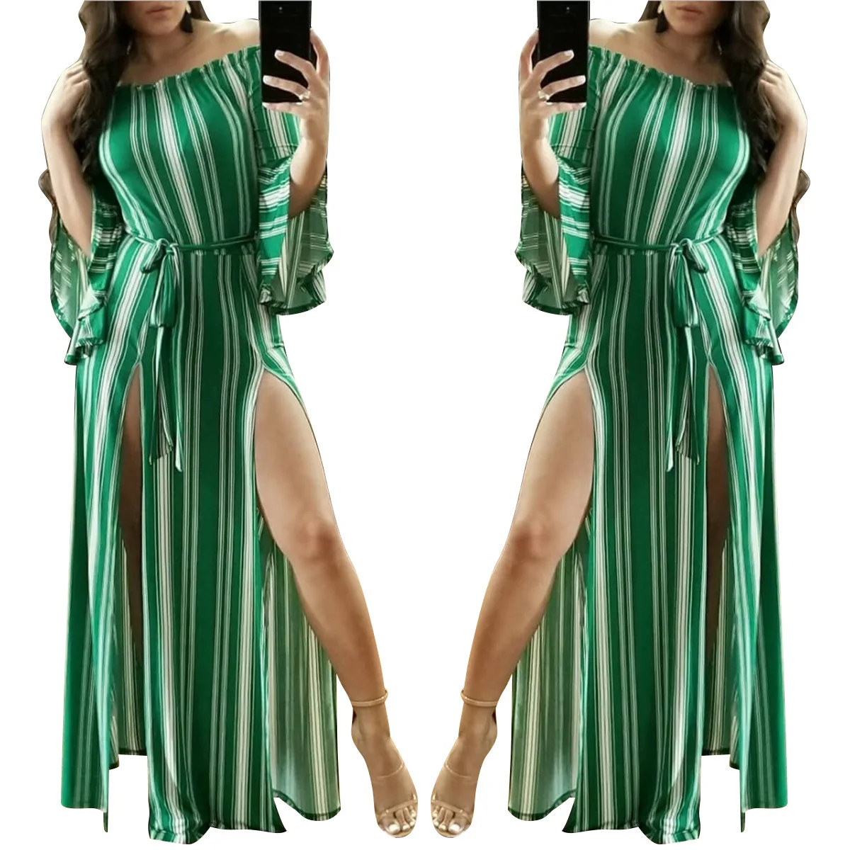 

Butterfly Sleeve Striped Sexy Bohemian Beach Dresses Asymmetrical Casual Maxi Runway Dress Dress to the Floor Spring Vestido