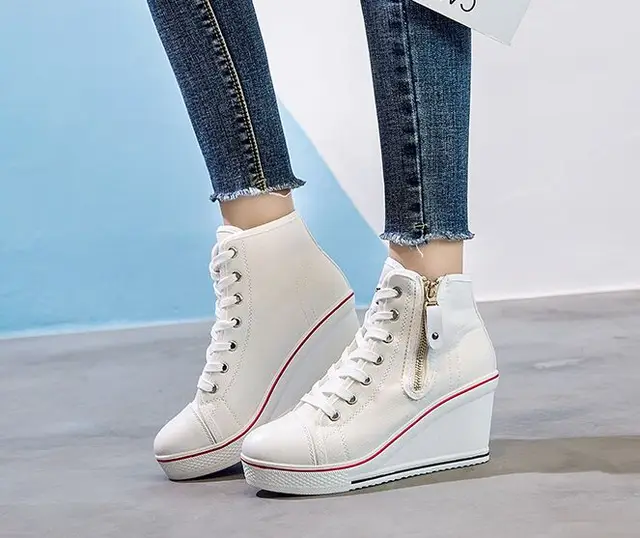 Dames Canvas Schoenen Hoge Tops Hak Wedge Sneakers Lace Up Schoenen Vrouw  Casual Schoenen Rits Mode Platform Sneaker 35 43|Damespumps| - AliExpress