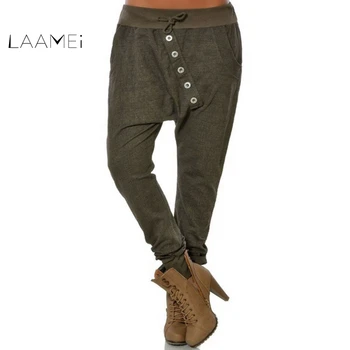 

Laamei 2019 Womens Solid Elastic Waist Harem Pants Bloomers Baggy Pants Boyfriends Button Casual Loose Trousers Plus Size 5XL