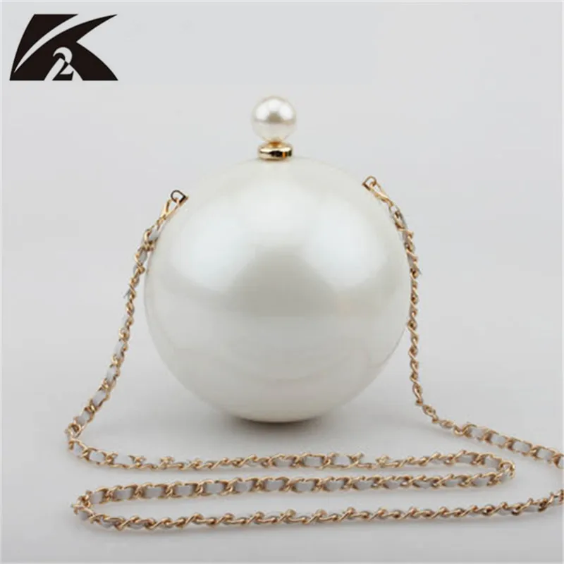 

Designer Women White Ball Shape Acrylic Clutch Bags Luxury Pearl Decor Bridal Purse Handbags Chain Messenger Bags Shoulder Bag
