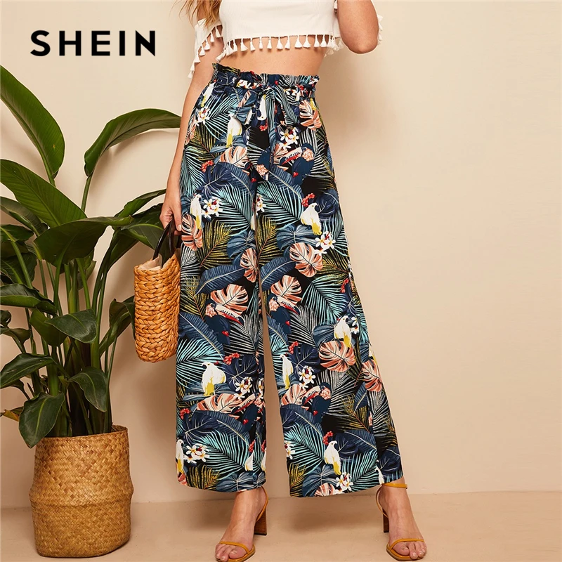 

SHEIN Belted Frilled Waist Tropical Print Loose Long Palazzo Pants 2019 Spring Autumn Women Mid Waist Wide Leg Ruffle Pants