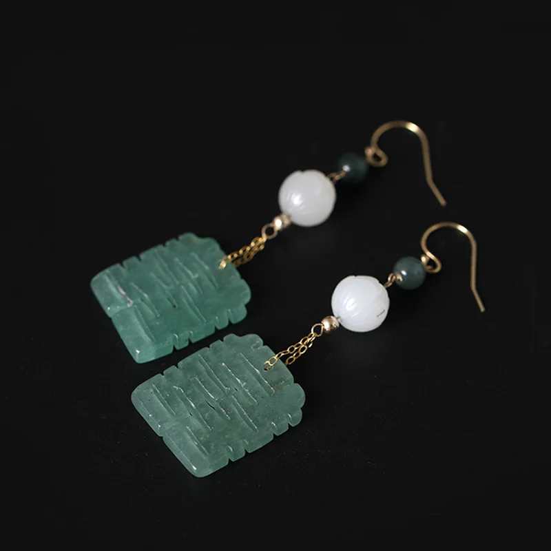 Emerald white jade 14K gold drop earrings designer original works double happiness vintage design earrings for women jewelry Emerald white jade 14K gold drop earrings designer original works double happiness vintage design earrings for women jewelry