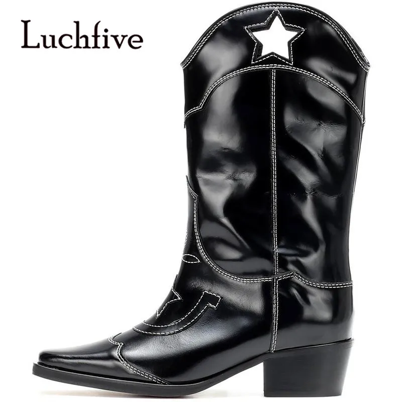 

Square Toe White Black Shiny Leater Winter Boots Comfort Block Heel Cut-out Stylish Shoes Women Long Boots
