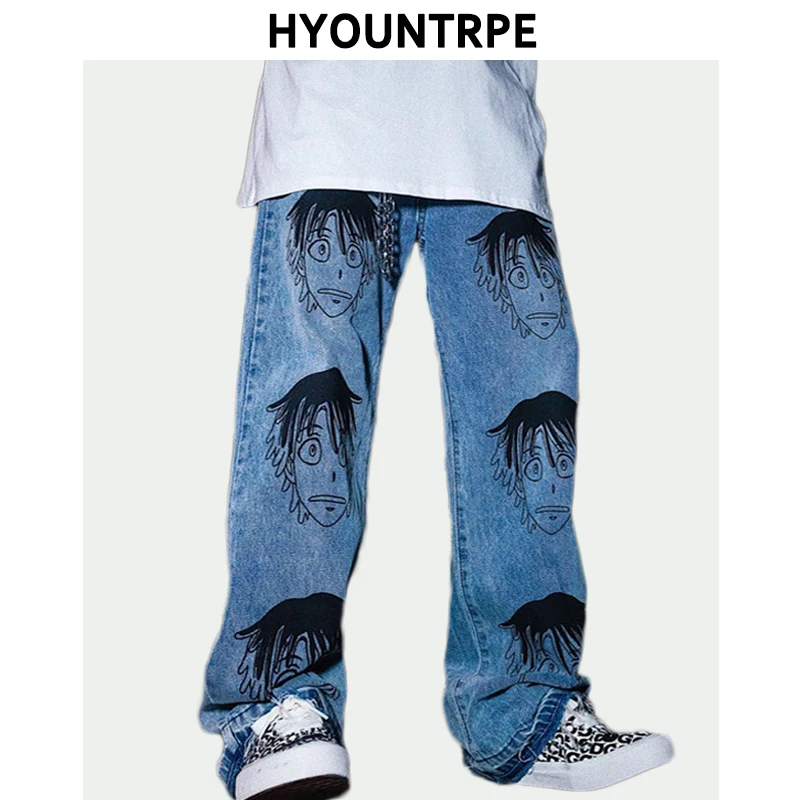 Moda drukowane męskie luźne proste Denim niebieskie dżinsy ALIEXPRESS 2019 LUŹNE HIP HOP DŻINSY MĘSKIE JEANSY Z