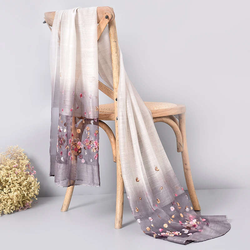 Silk Wool Scarf Women Luxury Brand Shawls and Wraps for Ladies Chiffon Hijab Neckerchief Stole Multifunction Embroidery Scarfs