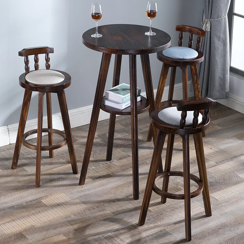 

15%American bar table and chair combination retro high stool table combination coffee shop solid wood table leisure bar stool