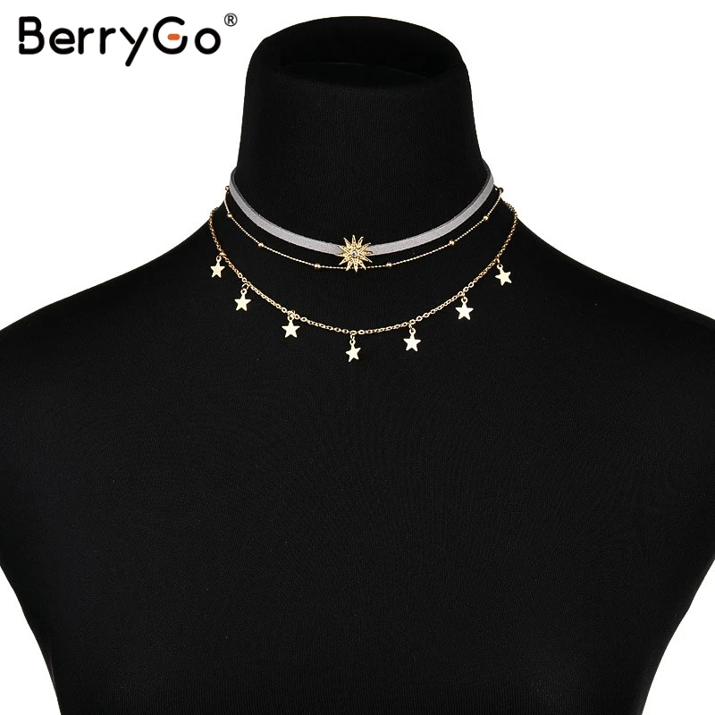 

BerryGo Statement multilayer women necklace Star metal golden chain jewelry necklace Fashion long Party charm women necklaces