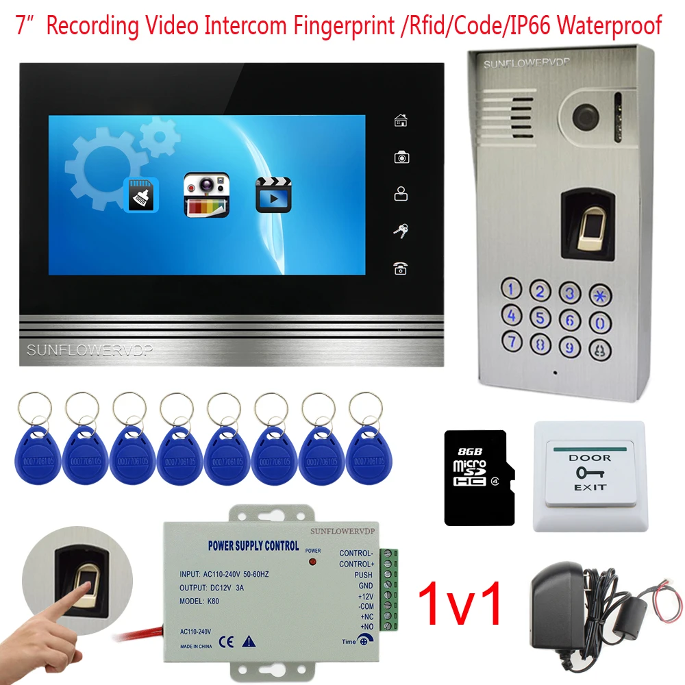 

IP66 Waterproof Video Door Entry System For Home Fingerprint Keypad Intercom Phone Rfid + 7" Color Recording Intercom Monitor