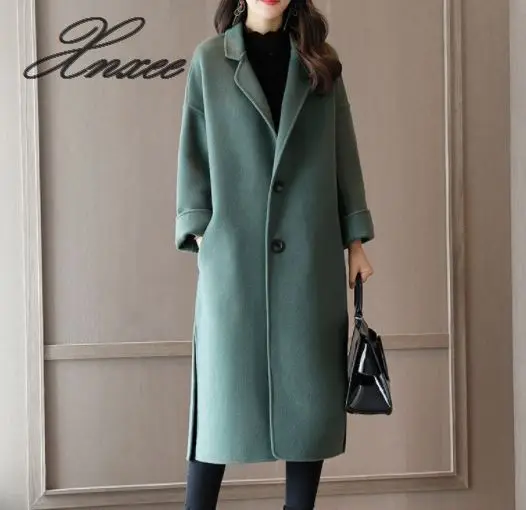 Женское длинное пальто выше колена, осень и зима, новое свободное шерстяное пальто - Цвет: Зеленый