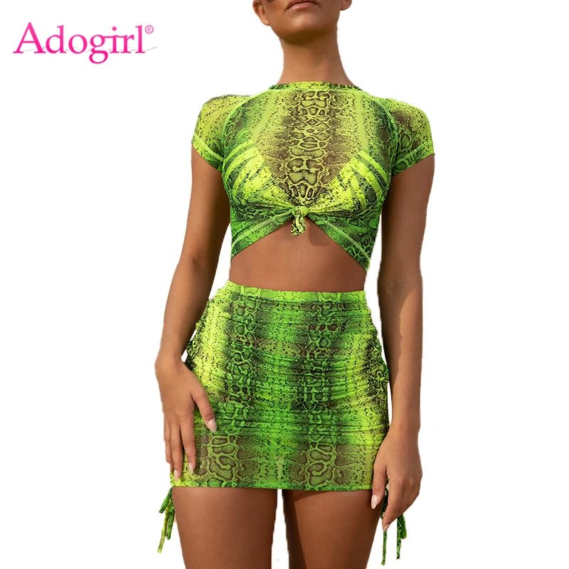 Adogirl флуоресцентный зеленый розовый змеиный принт, комплект из двух предметов, платье, футболка с коротким рукавом, укороченный топ+ облегающая мини-юбка, сексуальный костюм