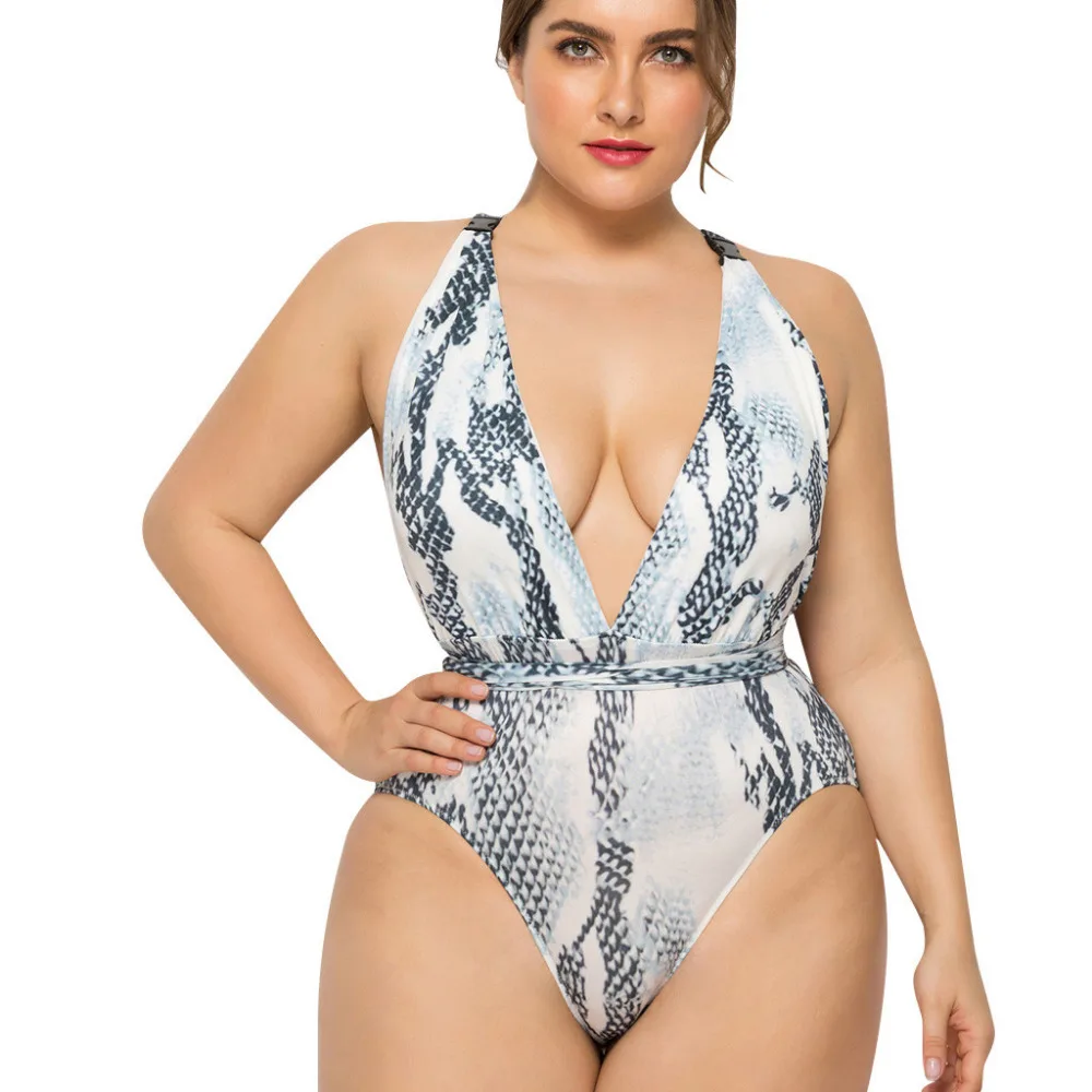 2019 Women's plus size bikinis set deep V piece printed backless strap bikini one-piece swimsuit push up bikinis mujer 40J8 (2)